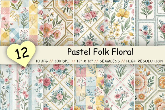 Download Pastel Folk Floral Digital Paper - Floral digital paper Collection