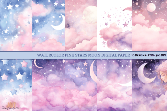 Download Watercolor Pink Stars Moon Digital Paper - Moon digital paper Collection