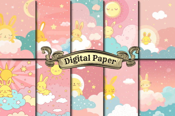 Download Cute Bunny and Moon Digital Paper - Moon digital paper Collection