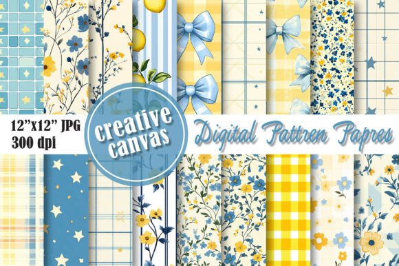 Download Blue &amp; Yellow Floral Digital Paper Bundl - Floral digital paper Collection