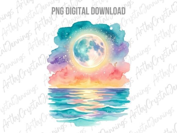 Download Beautiful Watercolor Full Moon Ocean PNG - Premium Resources