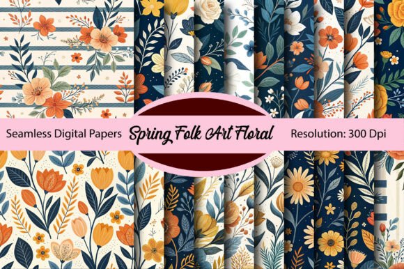 Download Spring Folk Art Floral Digital Paper - Floral digital paper Collection